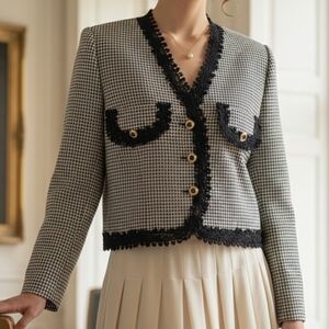 Beechers Brook 10 Vintage 90s Old Money Timeless Houndstooth Crochet Trim Blazer